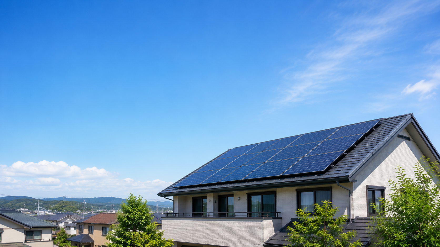 青空の下、屋根に太陽光パネルを設置した日本の戸建て住宅