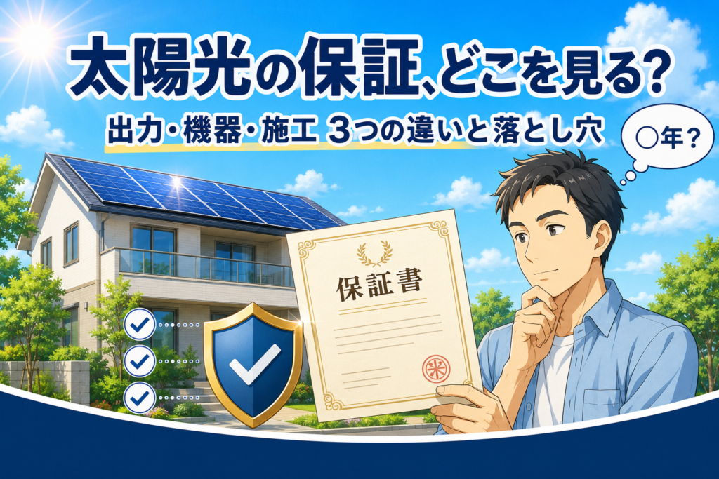 ソーラーパネルを載せた住宅と青空を背景に、保証書を手に「何年保証だろう?」と考える男性。盾とチェックマークのアイコン。太陽光発電の出力保証・機器保証・施工保証の違いを確認するイメージ
