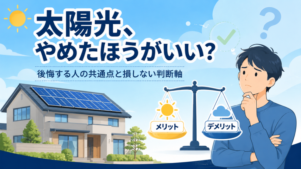 太陽光発電をやめるべきか天秤でメリットとデメリットを比較して悩む人のイラスト