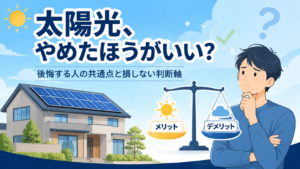 太陽光発電をやめるべきか天秤でメリットとデメリットを比較して悩む人のイラスト
