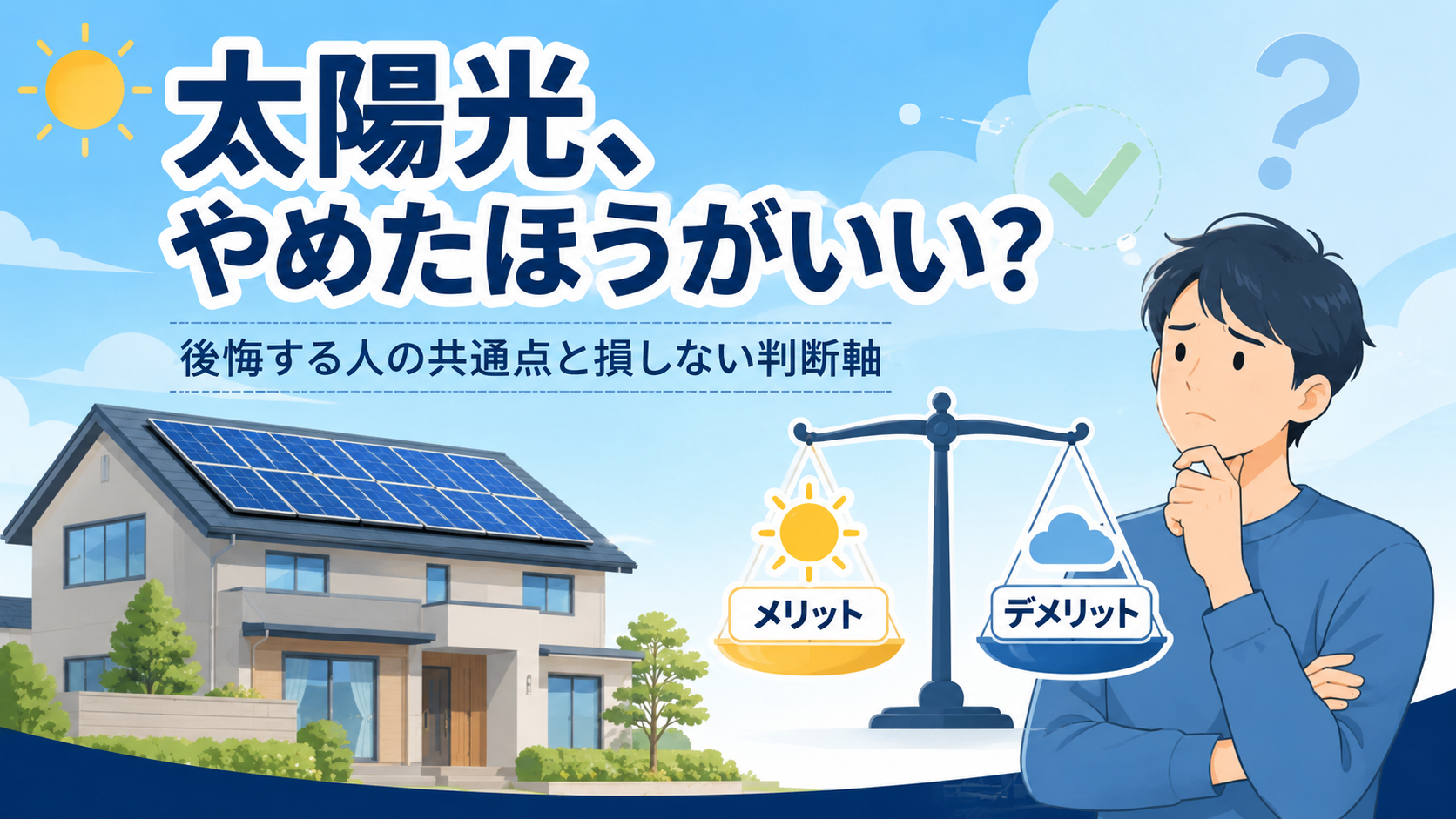太陽光発電をやめるべきか天秤でメリットとデメリットを比較して悩む人のイラスト