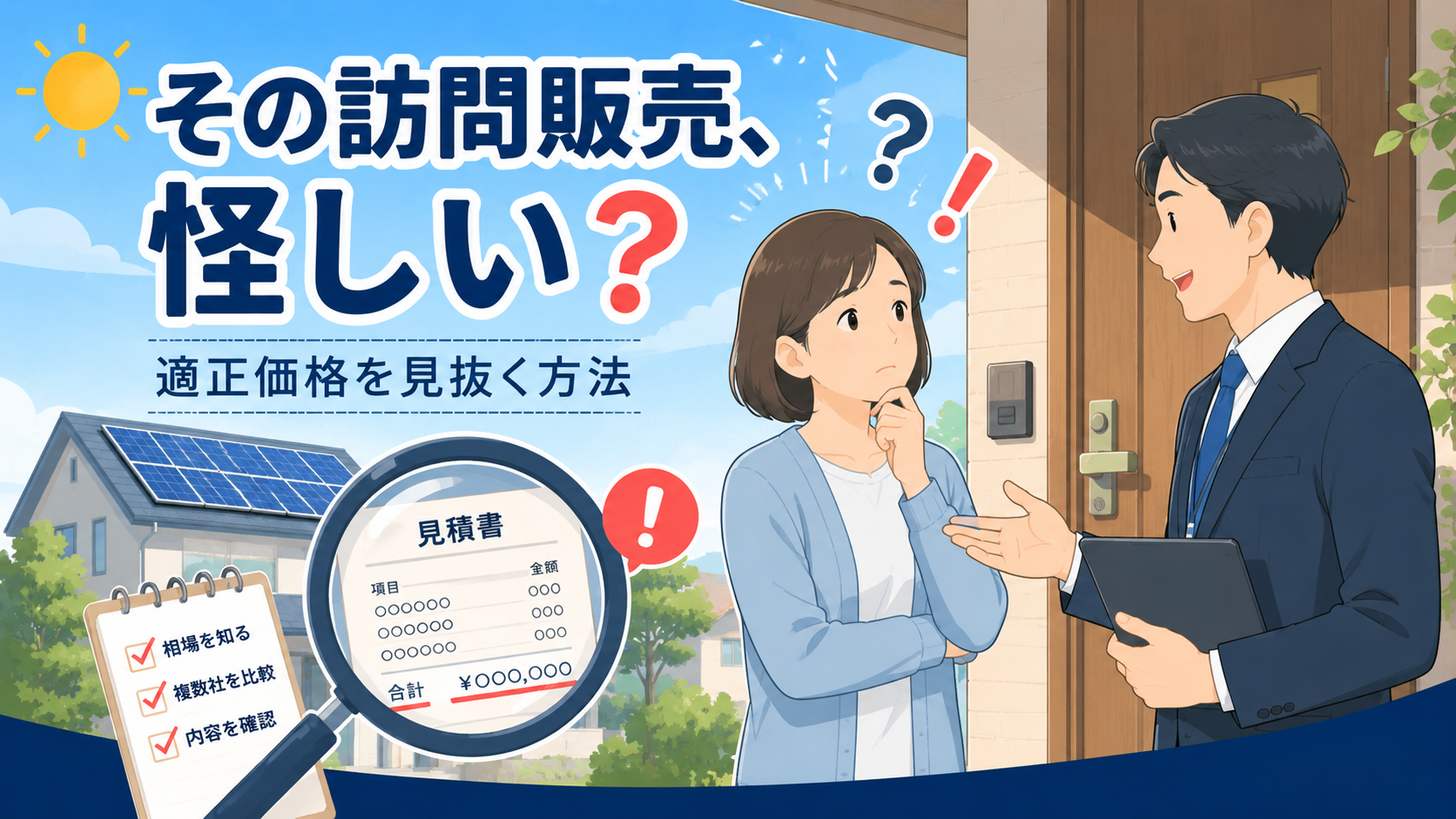 太陽光の訪問販売を受け、見積書を確認して適正価格か警戒する人のイラスト