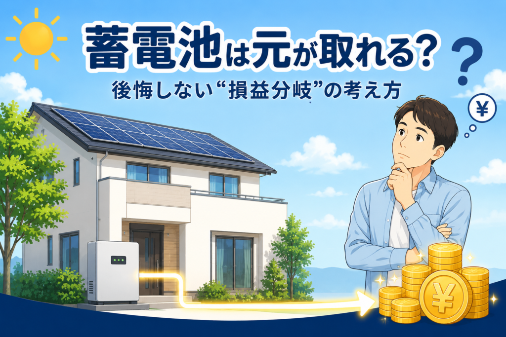 家庭用蓄電池が「元が取れる」かを損益分岐で考え、設置すべきか悩む人のイラスト
