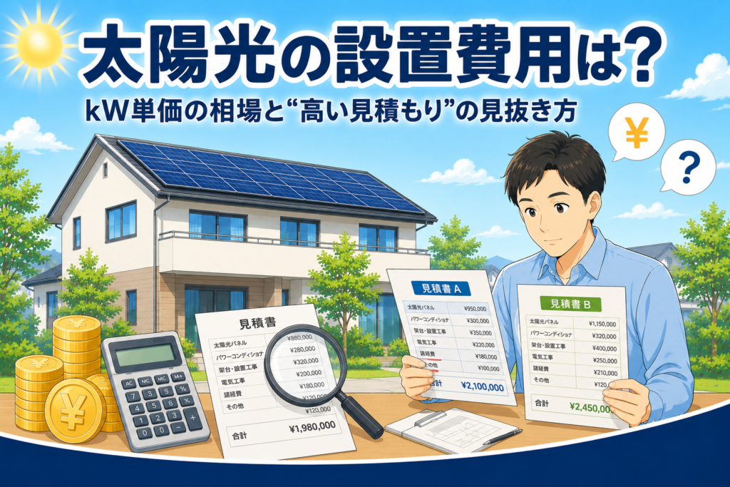 ソーラーパネルを載せた住宅を背景に、太陽光発電の見積書(見積書A・B)を見比べる男性。手前に電卓と金貨。設置費用とkW単価の相場を比較するイメージ