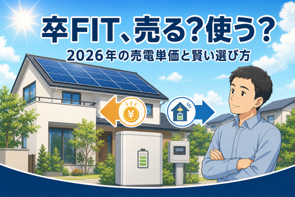 ソーラーパネルを載せた住宅と青空を背景に、家庭用蓄電池と電気メーターを前に「売る?貯めて使う?」と考える男性のイラスト。卒FIT後の売電と自家消費を比較するイメージ