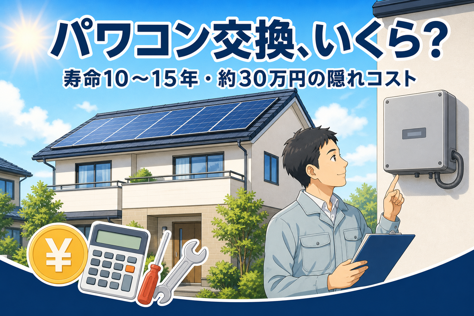 ソーラーパネルを載せた住宅の外壁に設置されたパワーコンディショナー(灰色の箱型機器)を見上げて点検する作業着の男性。手前に電卓・工具・¥マーク。パワコンの交換費用と寿命を考えるイメージ