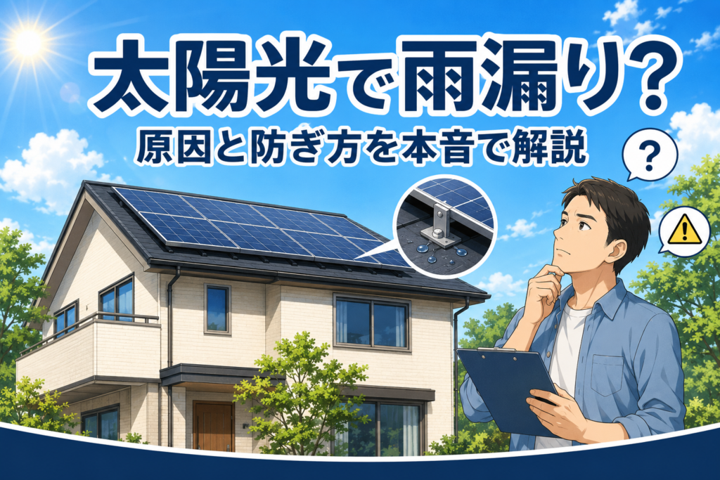 ソーラーパネルを載せた住宅の屋根を見上げて心配そうな男性と、取り付け部から落ちる雨のしずくのイメージ。太陽光発電の雨漏りの原因と防ぎ方を考えるイラスト