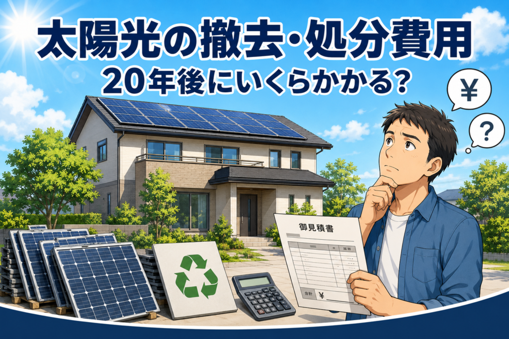 晴れた青空とソーラーパネルを載せた住宅を背景に、取り外した太陽光パネルと見積書を手に将来の費用を考える男性のイラスト。太陽光発電の撤去・処分費用の相場を表すイメージ