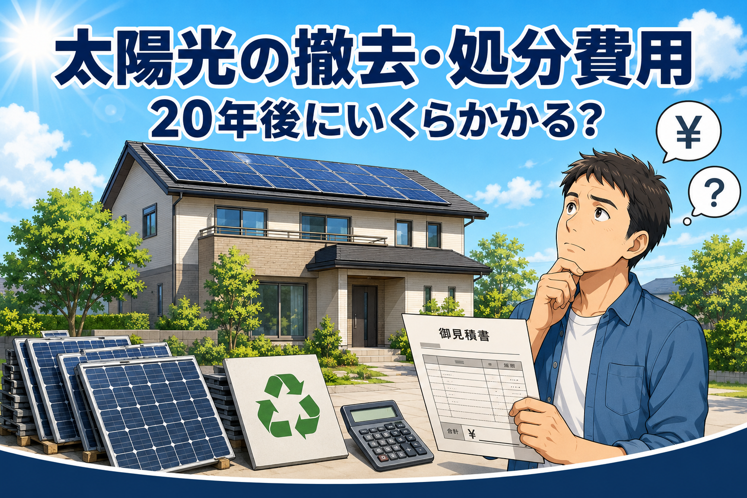 晴れた青空とソーラーパネルを載せた住宅を背景に、取り外した太陽光パネルと見積書を手に将来の費用を考える男性のイラスト。太陽光発電の撤去・処分費用の相場を表すイメージ