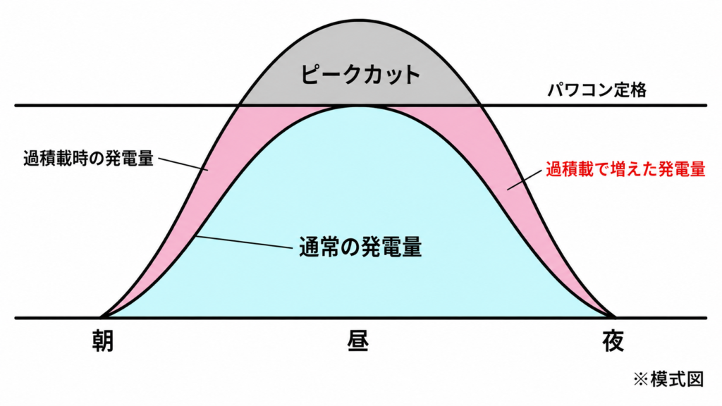 太陽光の過積載とピークカットの模式図。パワコン定格の水平線を超えた分がピークカットとして失われ、定格以下の左右の帯が過積載で増えた発電量になることを示した図