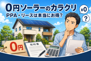 晴れた青空とソーラーパネルを載せた住宅を背景に、「0円」の値札と契約書・電卓を前に本当にお得か考える男性。0円ソーラー(PPA・リース)のカラクリを検討するイメージ