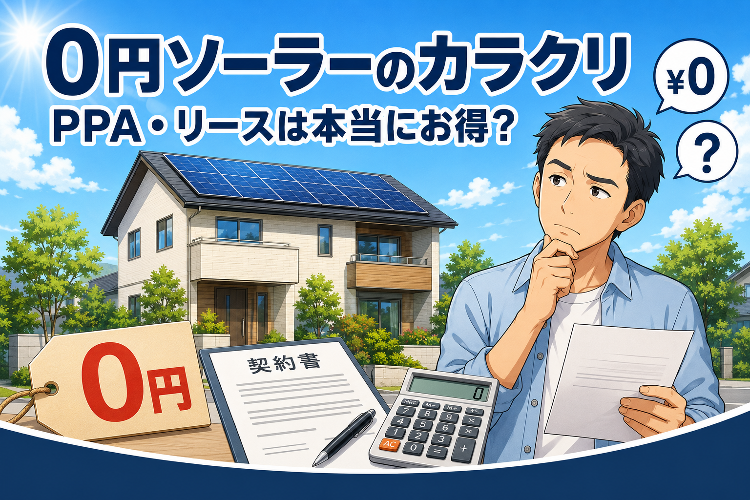 晴れた青空とソーラーパネルを載せた住宅を背景に、「0円」の値札と契約書・電卓を前に本当にお得か考える男性。0円ソーラー(PPA・リース)のカラクリを検討するイメージ