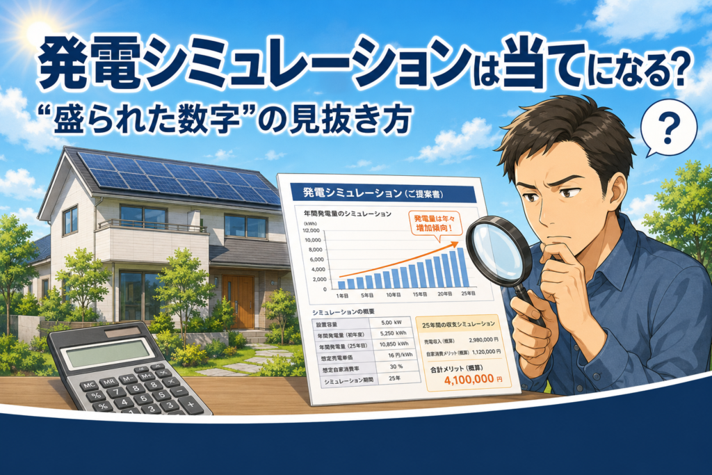 晴れた青空とソーラーパネルを載せた住宅を背景に、発電シミュレーション提案書の右肩上がりグラフを虫眼鏡で確かめる男性。盛られた発電量の数字を見抜くイメージ