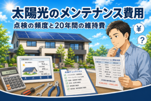 晴れた青空とソーラーパネルを載せた住宅を背景に、発電モニターと点検チェックリスト・維持費の目安表を確かめる男性。太陽光のメンテナンス費用と点検頻度を考えるイメージ