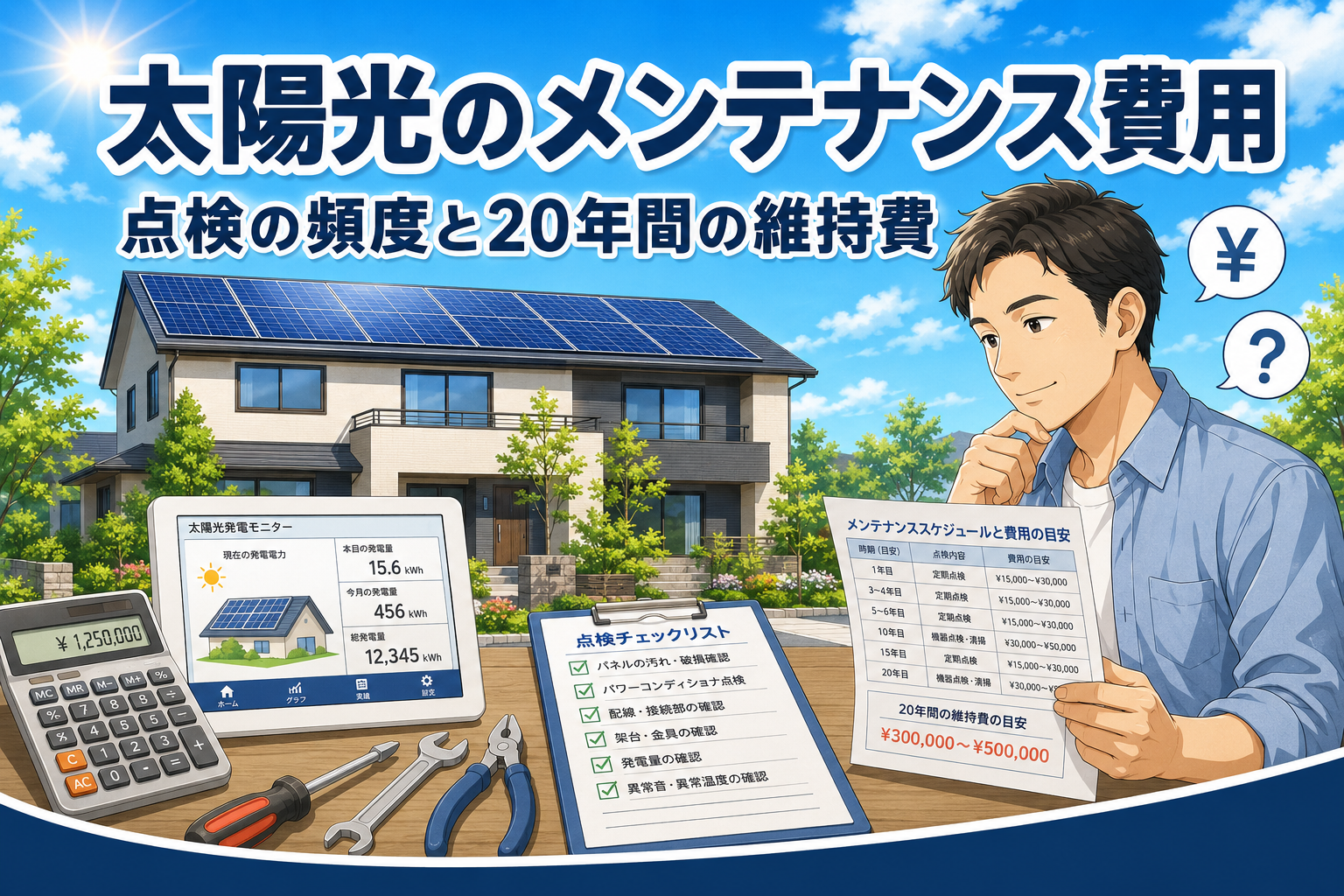 晴れた青空とソーラーパネルを載せた住宅を背景に、発電モニターと点検チェックリスト・維持費の目安表を確かめる男性。太陽光のメンテナンス費用と点検頻度を考えるイメージ