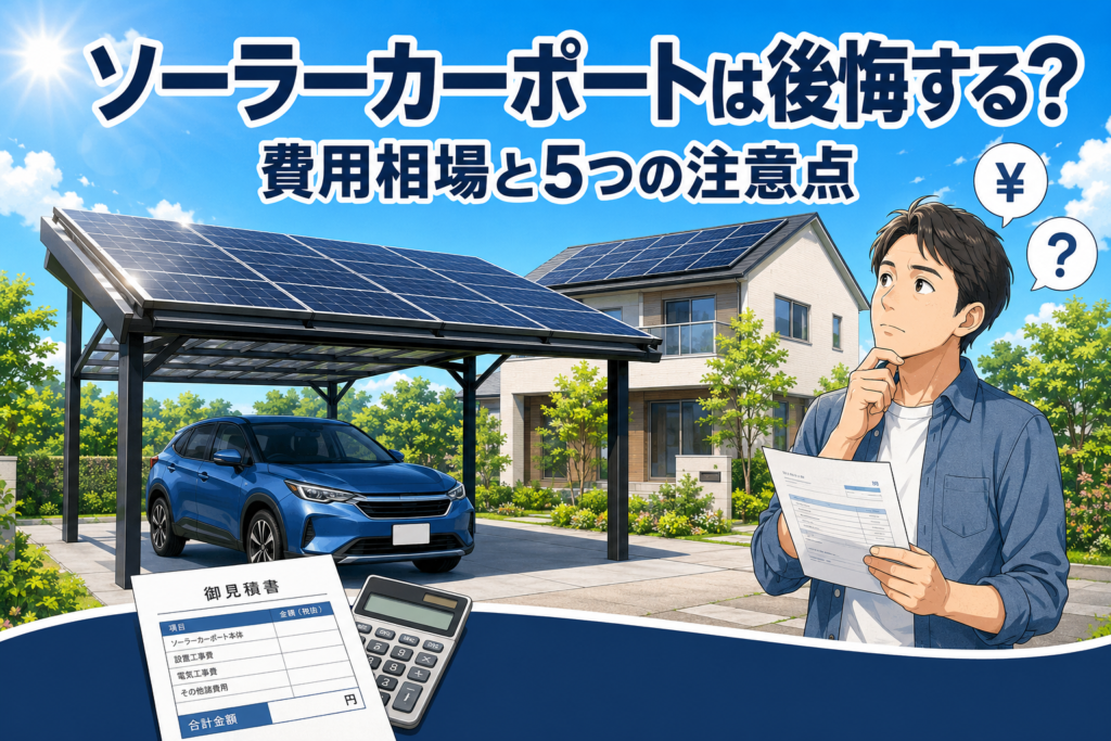 ソーラーパネルを載せたカーポートと住宅を背景に、見積書を手に考える男性。ソーラーカーポートの費用相場と注意点を検討するイメージ
