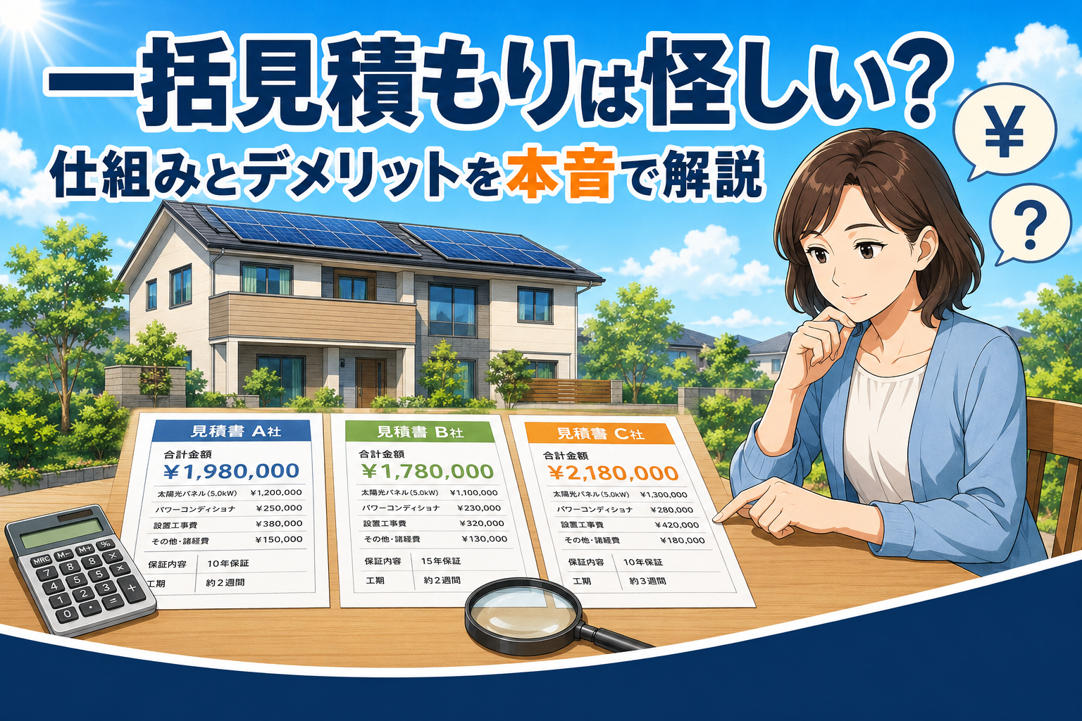 晴れた青空とソーラーパネルを載せた住宅を背景に、3社の見積書を電卓と虫眼鏡を手元に並べて見比べる女性。一括見積もりサイトの仕組みとデメリットを検討するイメージ