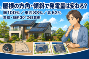 ソーラーパネルを載せた住宅を背景に、方位磁針・30度の角度計と2つの屋根別配置案を見比べる男性。屋根の方角・傾斜による発電量の違いを検討するイメージ