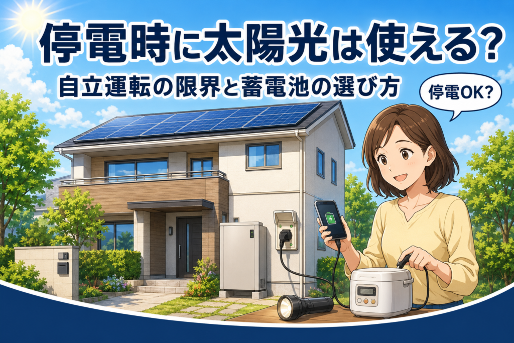 青空とソーラーパネルを載せた住宅を背景に、停電時に非常用コンセントからスマホや炊飯器へ給電する女性。太陽光の自立運転と蓄電池の違いを表すイメージ
