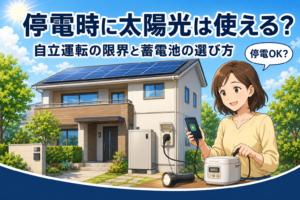 青空とソーラーパネルを載せた住宅を背景に、停電時に非常用コンセントからスマホや炊飯器へ給電する女性。太陽光の自立運転と蓄電池の違いを表すイメージ