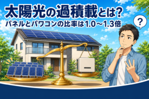 青空とソーラーパネルを載せた住宅を背景に、天秤の左に複数の太陽光パネル、右にパワーコンディショナー1台を載せて見比べる男性。パネルとパワコンの容量比率(過積載)を検討するイメージ