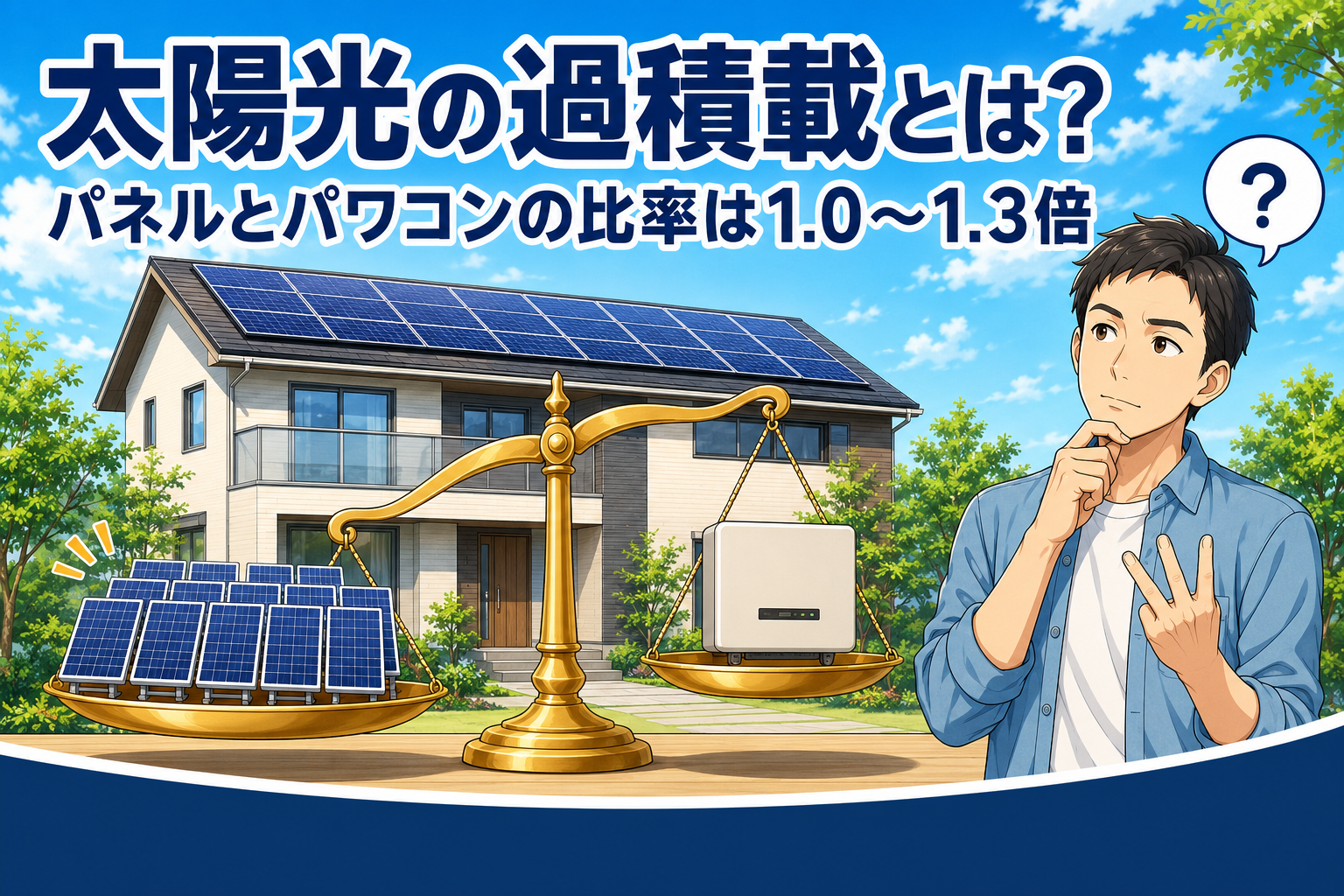 青空とソーラーパネルを載せた住宅を背景に、天秤の左に複数の太陽光パネル、右にパワーコンディショナー1台を載せて見比べる男性。パネルとパワコンの容量比率(過積載)を検討するイメージ
