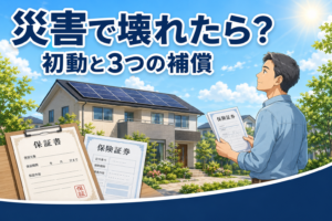 青空とソーラーパネルを載せた住宅を背景に、保証書と保険証券らしき書類を手に屋根を見上げて確認する人物。災害で太陽光が壊れたときの初動と補償の確認を表すイメージ