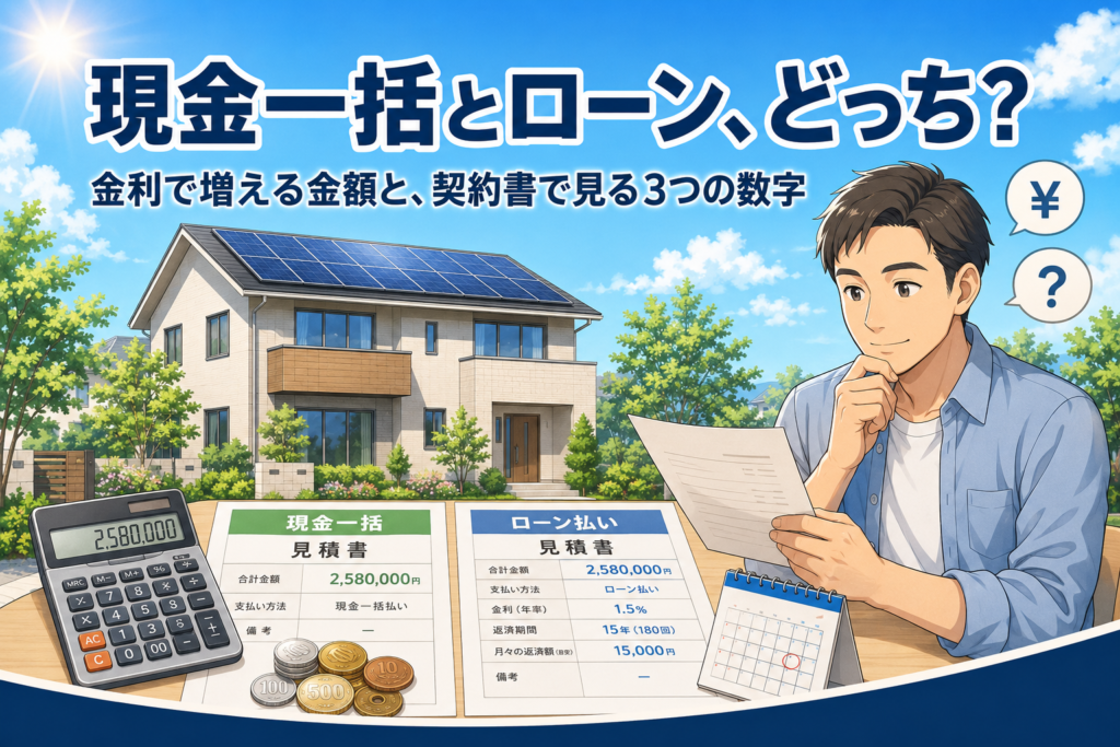ソーラーパネルを載せた住宅を背景に、見積書と電卓を前にして現金一括とローンのどちらにするか考える男性。総支払額と金利を比較するイメージ