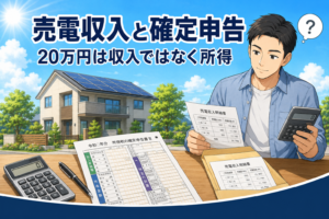 青空とソーラーパネルを載せた住宅を背景に、売電収入明細書と所得税の確定申告書を机に広げ、電卓を手に確認する男性のイラスト。売電収入に確定申告が必要かを確かめるイメージ