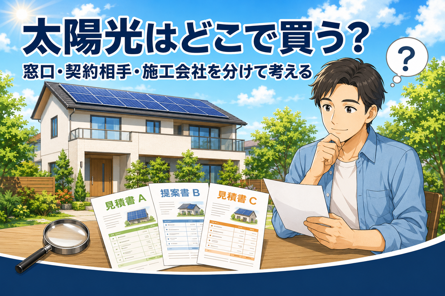 青空とソーラーパネルを載せた住宅を背景に、3枚の見積書・提案書を見比べて考える男性と虫眼鏡。太陽光をどこで買うか、窓口・契約相手・施工会社を分けて比較するイメージ