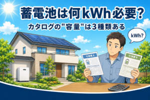 ソーラーパネルを載せた住宅と壁際の家庭用蓄電池を背景に、2枚の仕様書を見比べる男性のイラスト。蓄電池の容量(kWh)と出力の表示を確認するイメージ