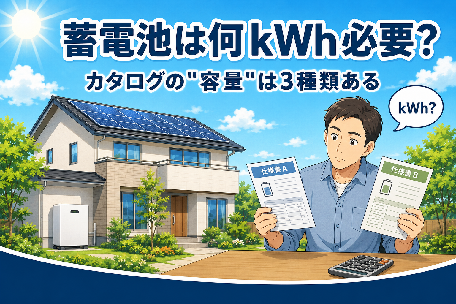 ソーラーパネルを載せた住宅と壁際の家庭用蓄電池を背景に、2枚の仕様書を見比べる男性のイラスト。蓄電池の容量(kWh)と出力の表示を確認するイメージ
