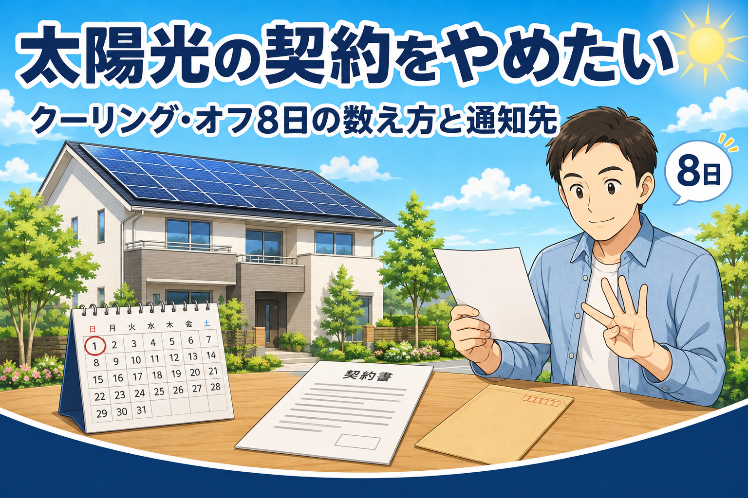 太陽光パネルを載せた住宅を背景に、卓上カレンダーと契約書・封筒を前にして、書面を手に日数を数える男性のイラスト。クーリング・オフの8日を法定書面の受領日から数えるイメージ