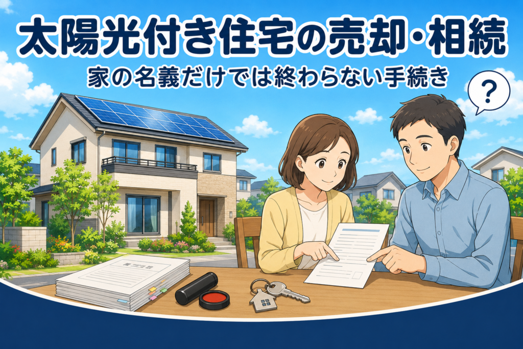 ソーラーパネルを載せた住宅を背景に、テーブルで書類を指さして確認し合う2人。手前に書類の束・印鑑・家の鍵が置かれ、太陽光が載った家の売却や相続で必要な手続きを確認するイメージ