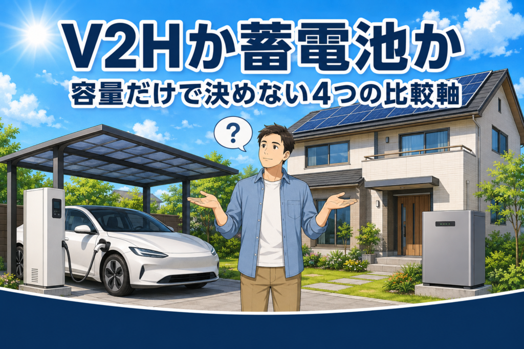 ソーラーパネルを載せた住宅を背景に、左のカーポートで充放電機器につながれた電気自動車と、右の外壁ぎわに置かれた家庭用蓄電池を前に、どちらを選ぶか考える男性のイラスト。V2Hと蓄電池を容量だけでは比べられないことを示すイメージ