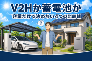 ソーラーパネルを載せた住宅を背景に、左のカーポートで充放電機器につながれた電気自動車と、右の外壁ぎわに置かれた家庭用蓄電池を前に、どちらを選ぶか考える男性のイラスト。V2Hと蓄電池を容量だけでは比べられないことを示すイメージ