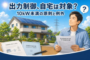 ソーラーパネルを載せた住宅と、遠景の送電鉄塔・送電線を背景に、認定や接続の書類を手にしてパネルと送電線を見比べる男性のイラスト。出力制御が自宅の設備に当てはまるかを書類で確認するイメージ