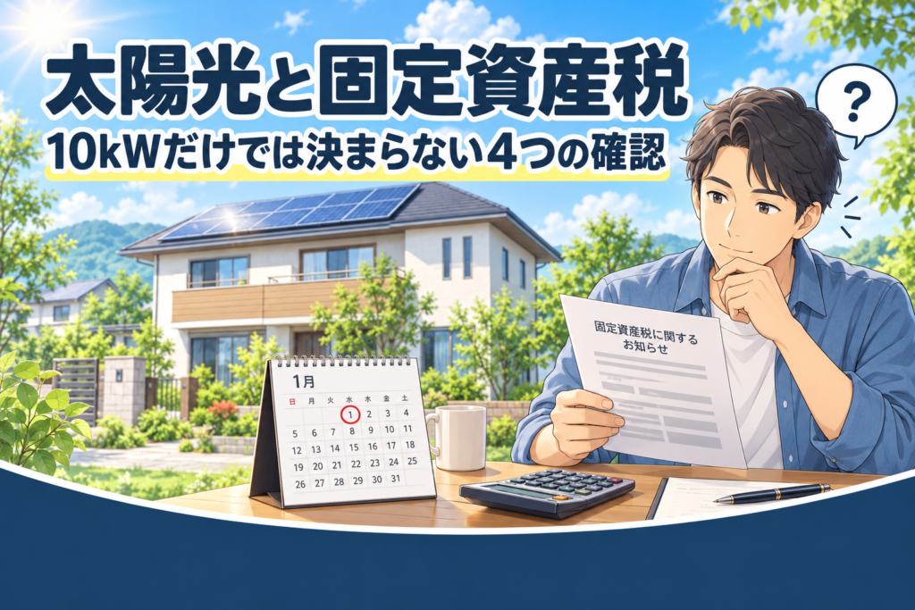 ソーラーパネルを載せた住宅を背景に、役所からの通知書のような書類と電卓を見比べて確認する男性。太陽光に固定資産税がかかるかを判定するイメージ