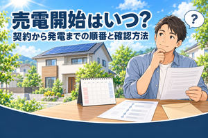 ソーラーパネルを載せた住宅を背景に、卓上カレンダーとチェック欄のある書類・封筒を前にして、書類を手に「いつ始まるか」と考える男性のイラスト。「売電開始はいつ?契約から発電までの順番と確認方法」の文字入り