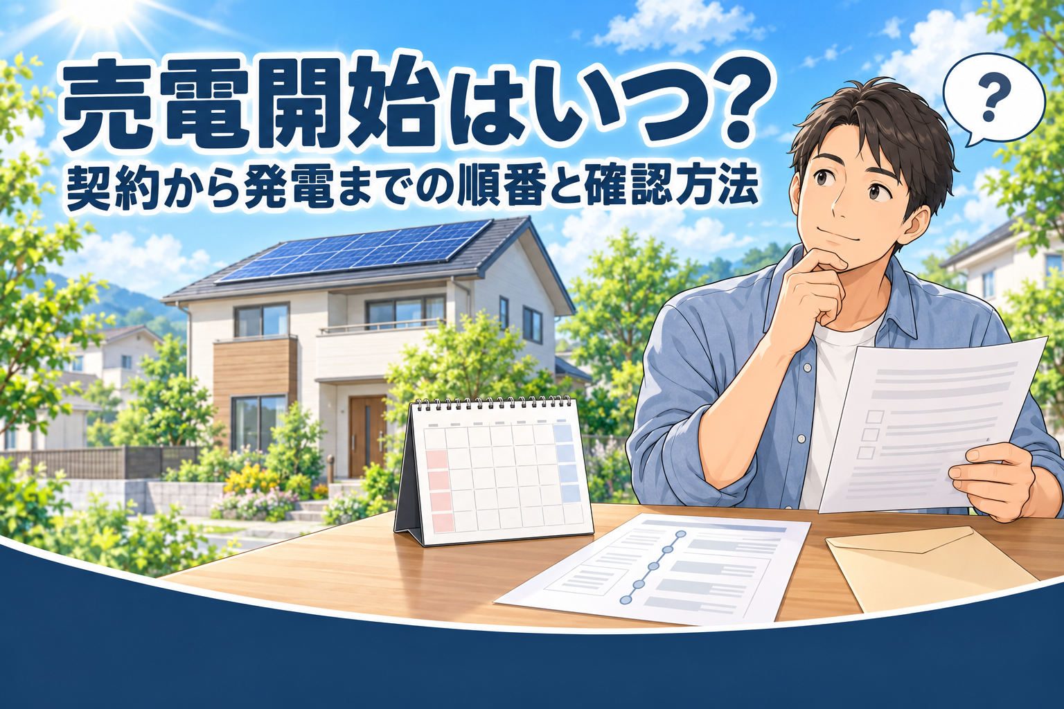 ソーラーパネルを載せた住宅を背景に、卓上カレンダーとチェック欄のある書類・封筒を前にして、書類を手に「いつ始まるか」と考える男性のイラスト。「売電開始はいつ?契約から発電までの順番と確認方法」の文字入り