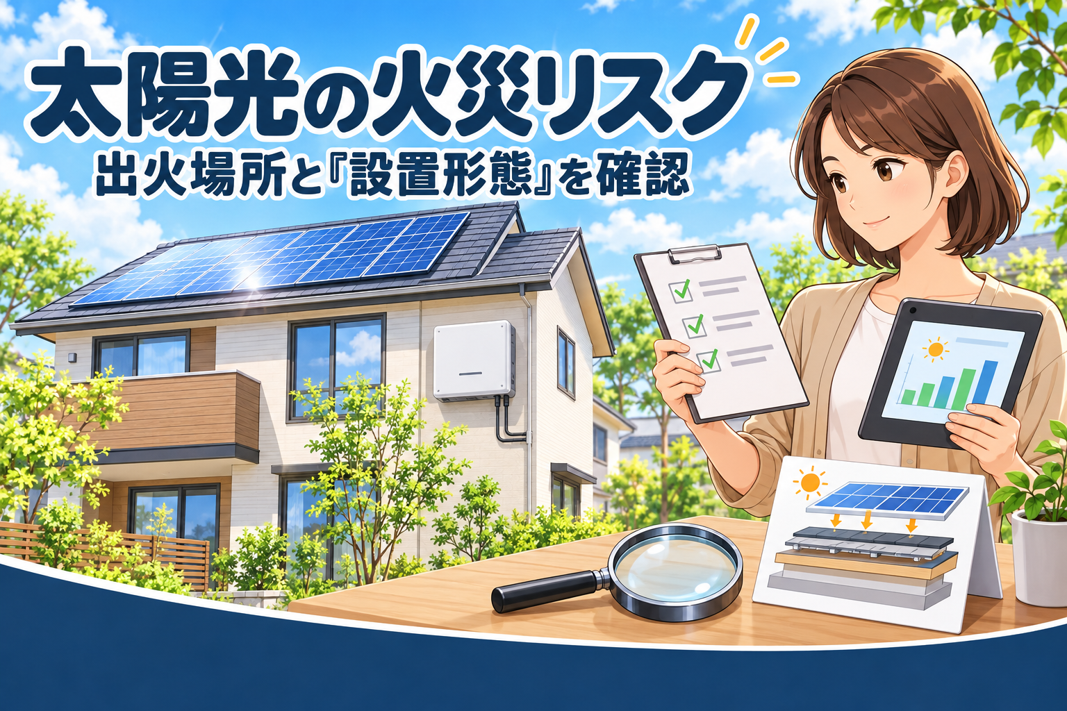 ソーラーパネルを載せた住宅の外壁にパワーコンディショナが付き、手前でチェックリストと発電量のグラフが映ったタブレットを持って確認する女性。机の上に虫眼鏡と、パネルの下に層が重なる断面図のカード。太陽光の火災リスクを出火場所と設置形態から確認するイメージ