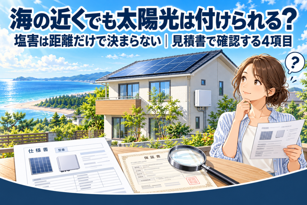 海と砂浜が見える高台に建つ、ソーラーパネルを載せた2階建て住宅。外壁にパワーコンディショナが付き、手前に仕様書・保証書・虫眼鏡、右側で資料を手に考える女性。海の近くの太陽光の塩害条件を見積書で確認するイメージ