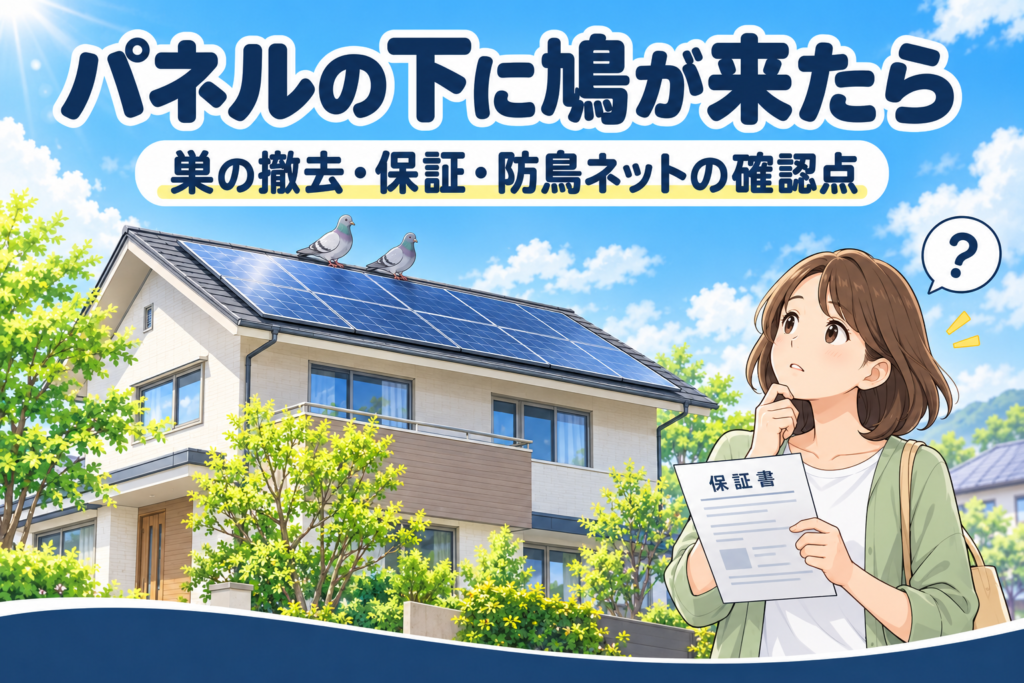 ソーラーパネルを載せた2階建て住宅の屋根に鳩が2羽とまり、右側で保証書を手に屋根を見上げて考える女性。上部に「パネルの下に鳩が来たら」「巣の撤去・保証・防鳥ネットの確認点」の文字。太陽光パネルの鳩対策で巣の撤去・保証・防鳥ネットを確認するイメージ