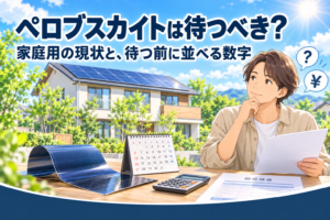 太陽光パネルを載せた住宅を背景に、薄く曲がるシート状の太陽電池・カレンダー・電卓・見積書を前に考える人物。ペロブスカイト太陽電池を待つかを数字で比べるイメージ